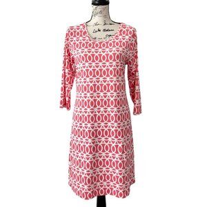 Lulu B Dress Geometric 3/4 Sleeve Coral Red White Stretch Travel Womens Size M